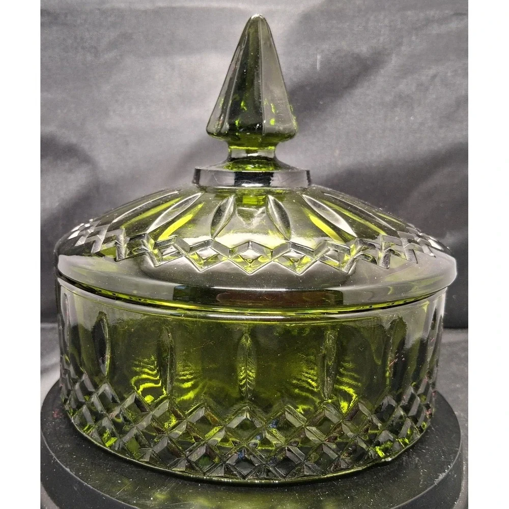 Vintage Olive Green Pressed Glass Candy Dish Lid Diamond Point Thumbprint Jar